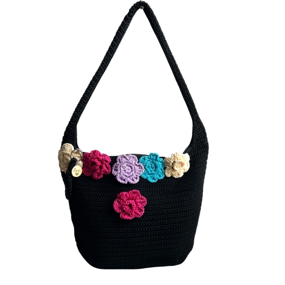 Lina Knit Hobo Shoulder Bag with Applied Flowers